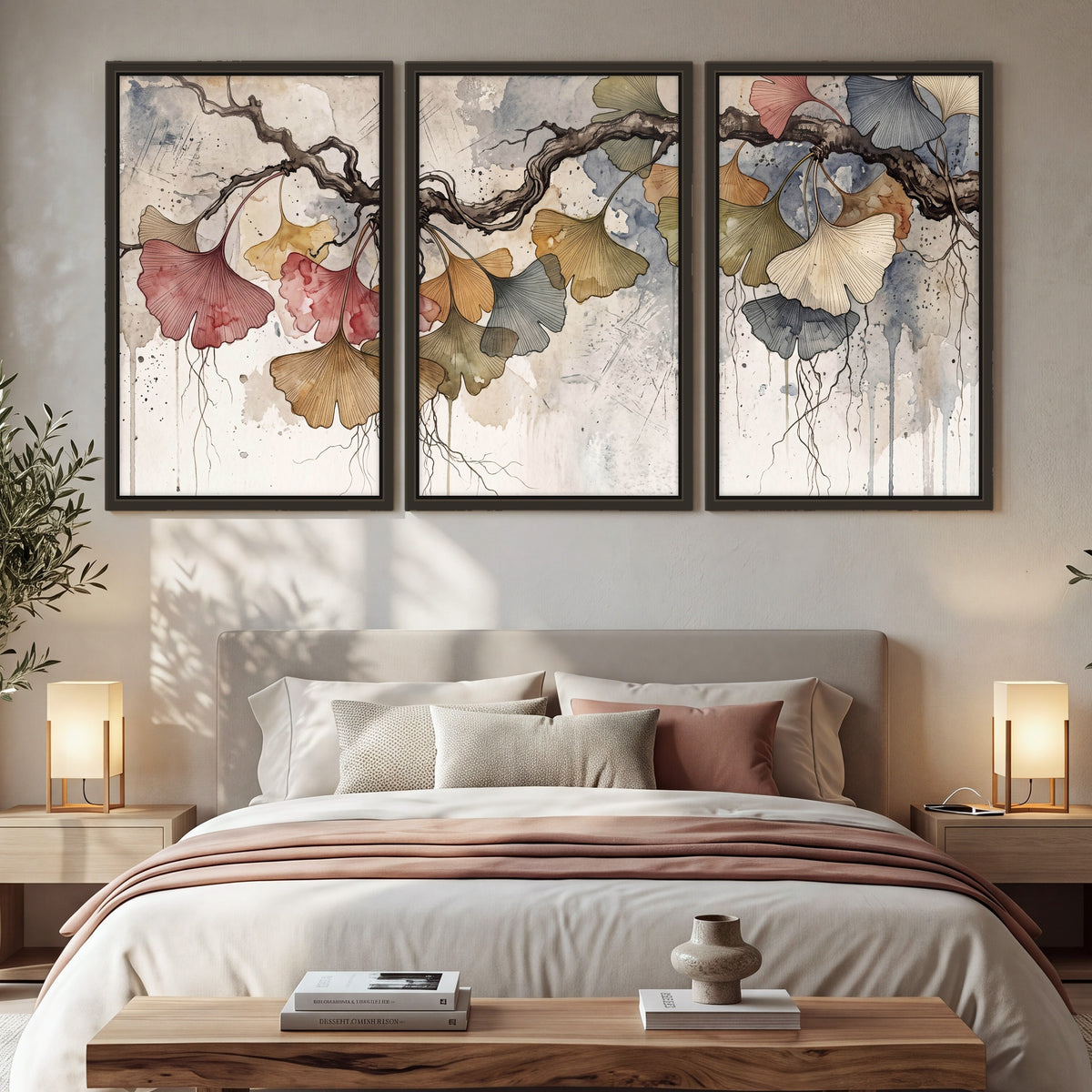 Ginkgo leaves watercolor painting 3 piece framed canvas in a bedroom above the bed