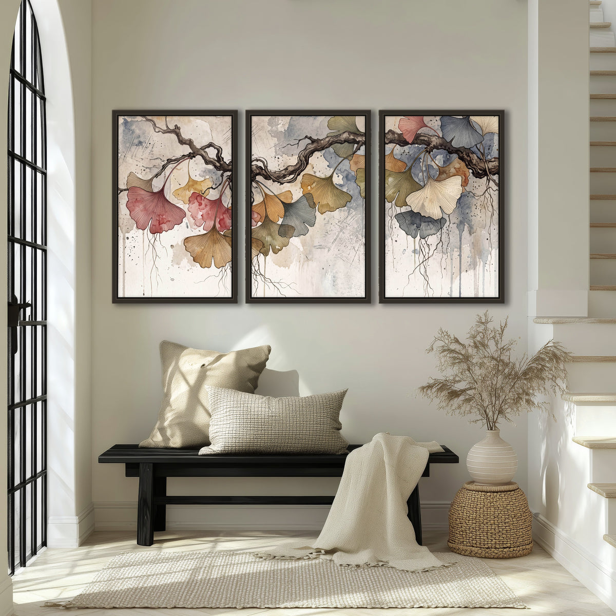Ginkgo leaves watercolor painting 3 piece framed canvas in an entryway above a bench