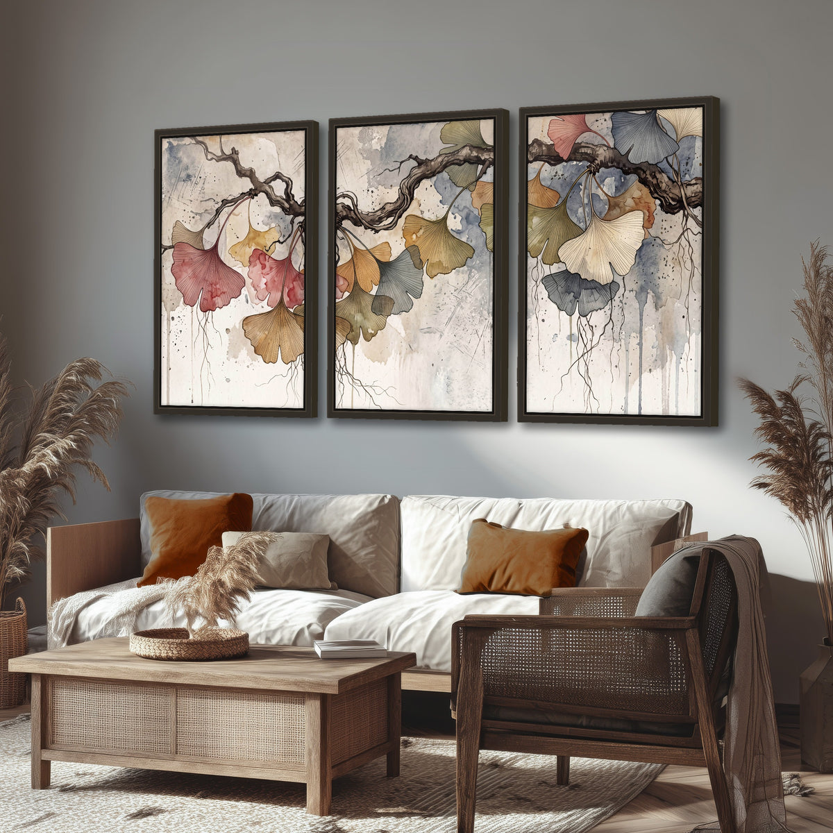 Ginkgo leaves watercolor painting 3 piece framed canvas in a rustic living room