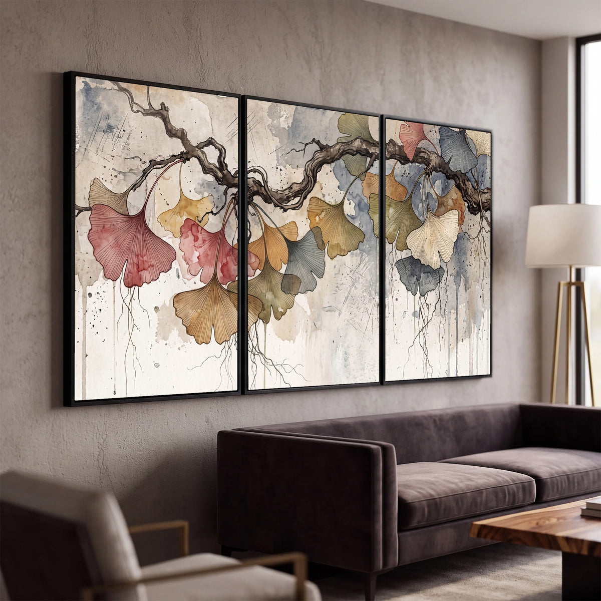 Ginkgo leaves watercolor painting 3 piece framed canvas in a modern living room