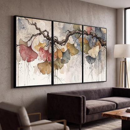 Ginkgo leaves watercolor painting 3 piece framed canvas in a modern living room