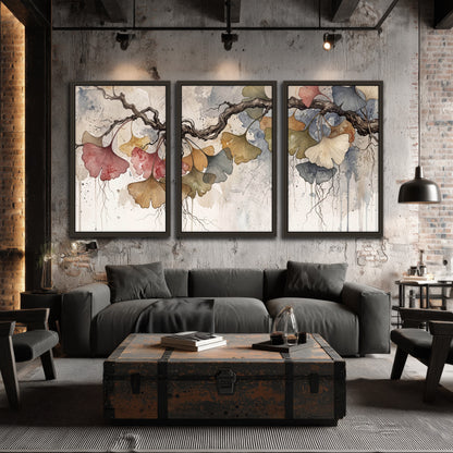 Ginkgo leaves watercolor painting 3 piece framed canvas in an industrial loft
