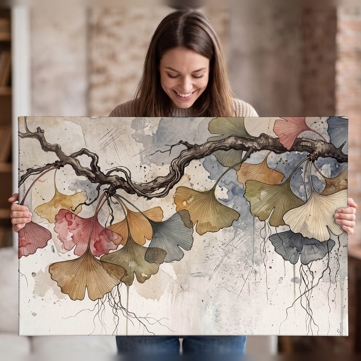 Ginkgo leaves watercolor painting canvas wall art held in hands