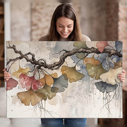 Ginkgo leaves watercolor painting canvas wall art held in hands