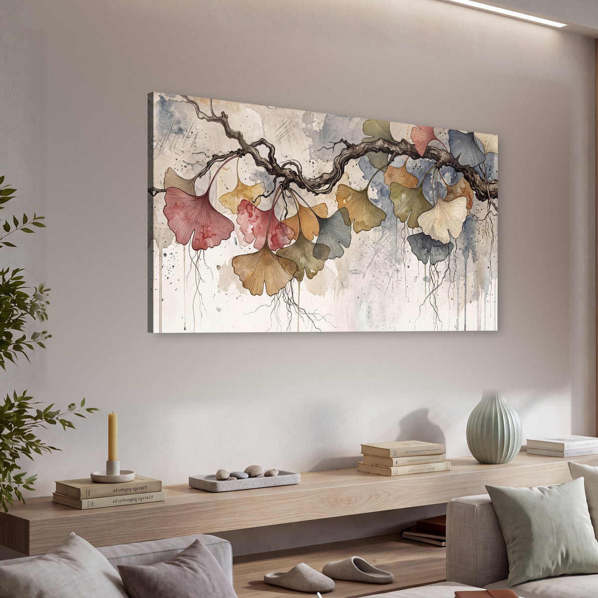 Ginkgo leaves watercolor painting canvas wall art in a living room above a console