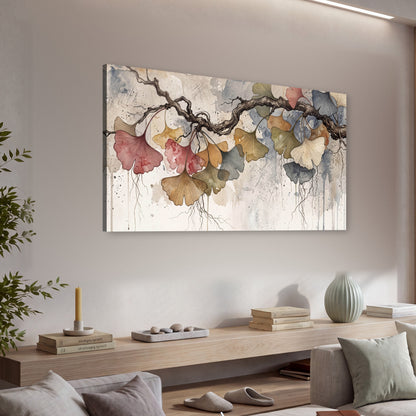 Ginkgo leaves watercolor painting canvas wall art in a living room above a console