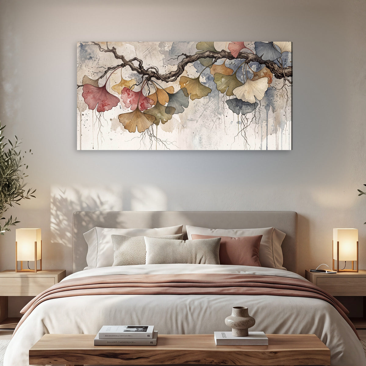 Ginkgo leaves watercolor painting canvas wall art in a bedroom above the bed
