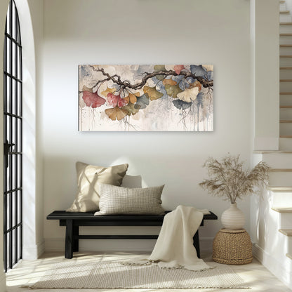 Ginkgo leaves watercolor painting canvas wall art in an entryway above a bench
