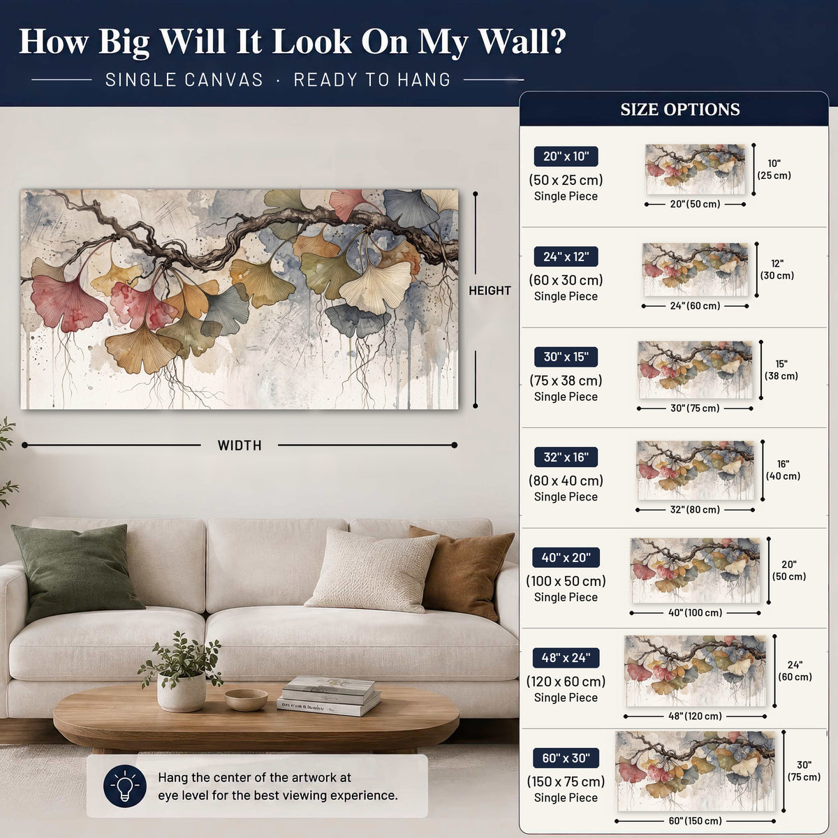 Ginkgo leaves watercolor painting canvas wall art size guide above a sofa