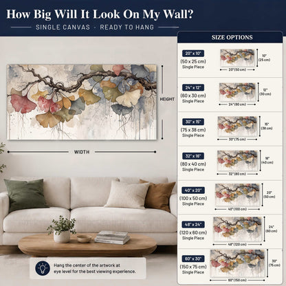 Ginkgo leaves watercolor painting canvas wall art size guide above a sofa