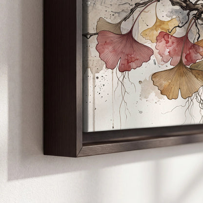 Ginkgo leaves watercolor painting framed canvas close-up showing the floating frame