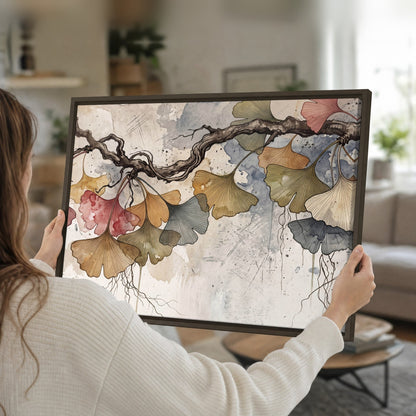 Ginkgo leaves watercolor painting framed canvas held in hands