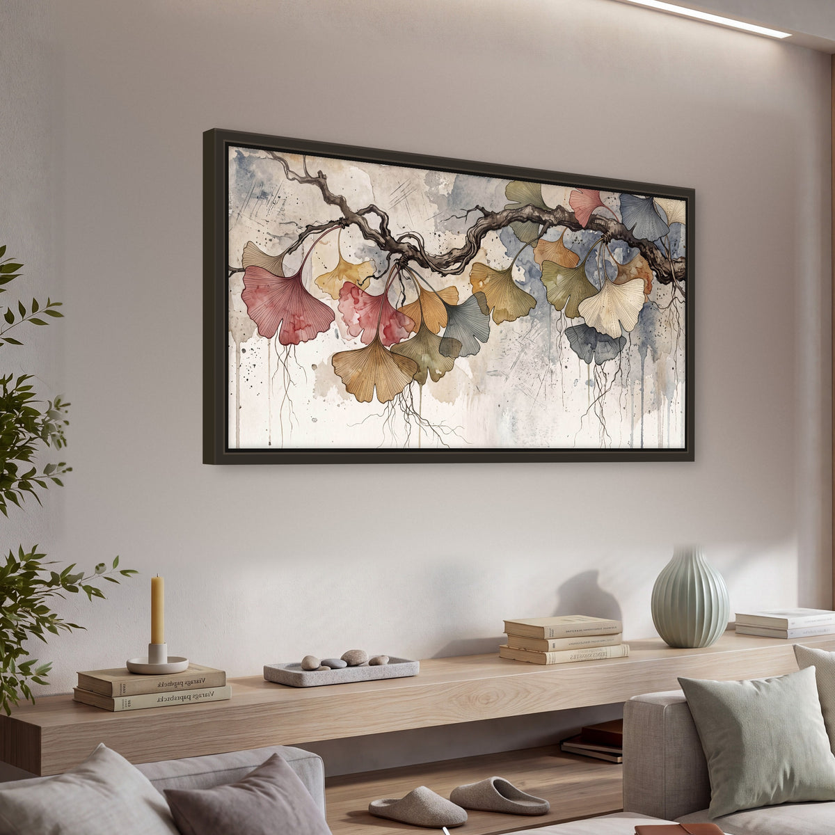 Ginkgo leaves watercolor painting framed canvas wall art in a living room above a console