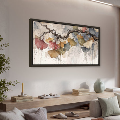 Ginkgo leaves watercolor painting framed canvas wall art in a living room above a console