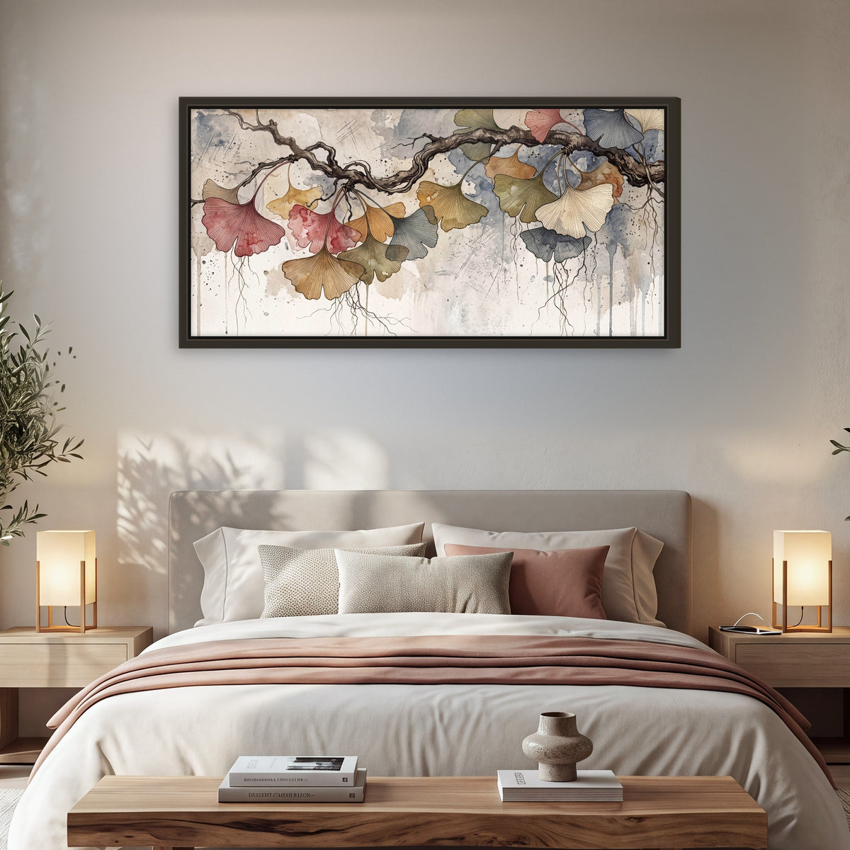 Ginkgo leaves watercolor painting framed canvas wall art in a bedroom above the bed