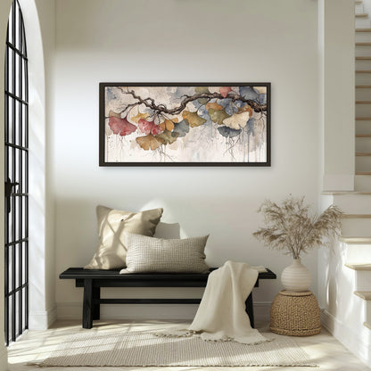 Ginkgo leaves watercolor painting framed canvas wall art in an entryway above a bench