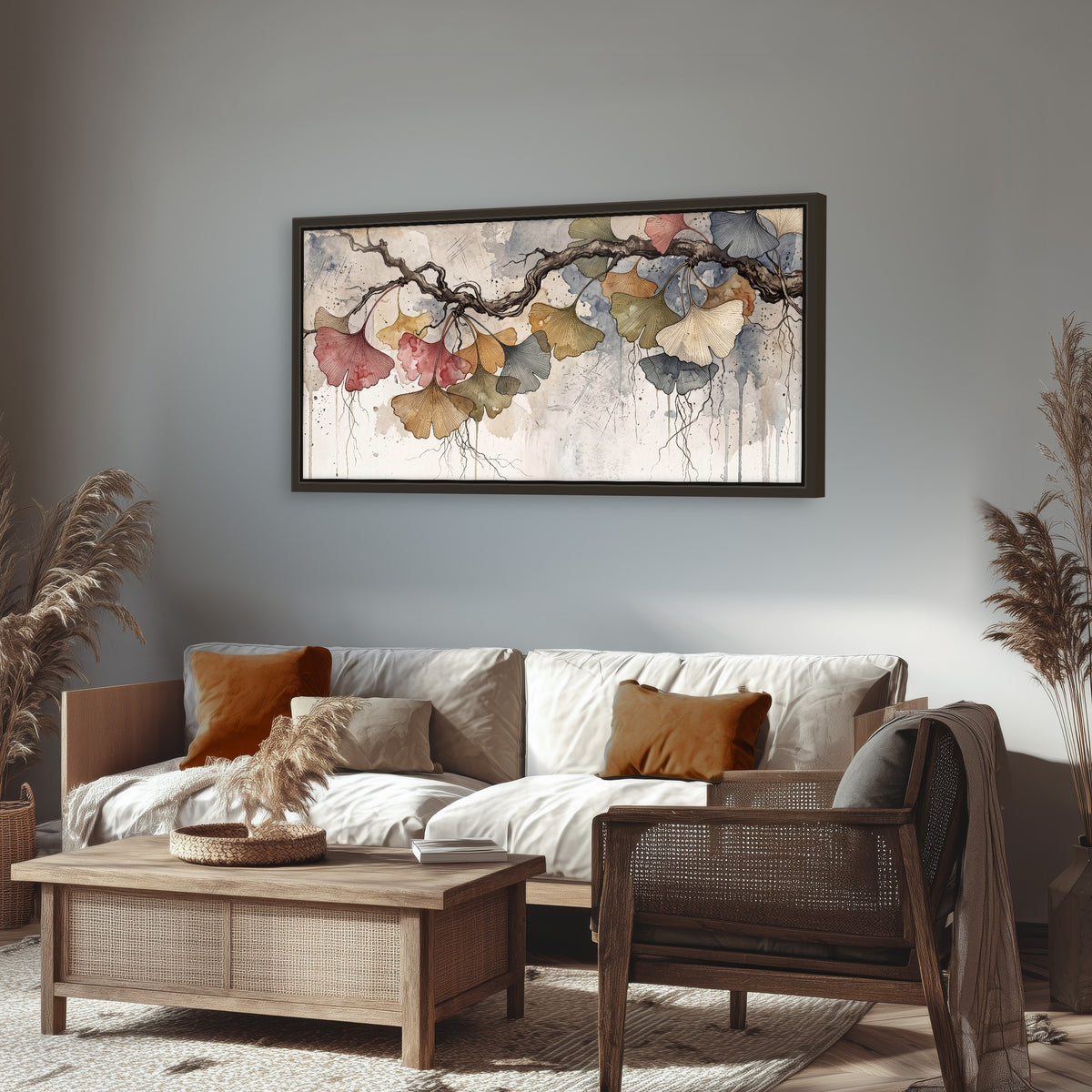 Ginkgo leaves watercolor painting framed canvas wall art in a rustic living room