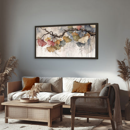 Ginkgo leaves watercolor painting framed canvas wall art in a rustic living room