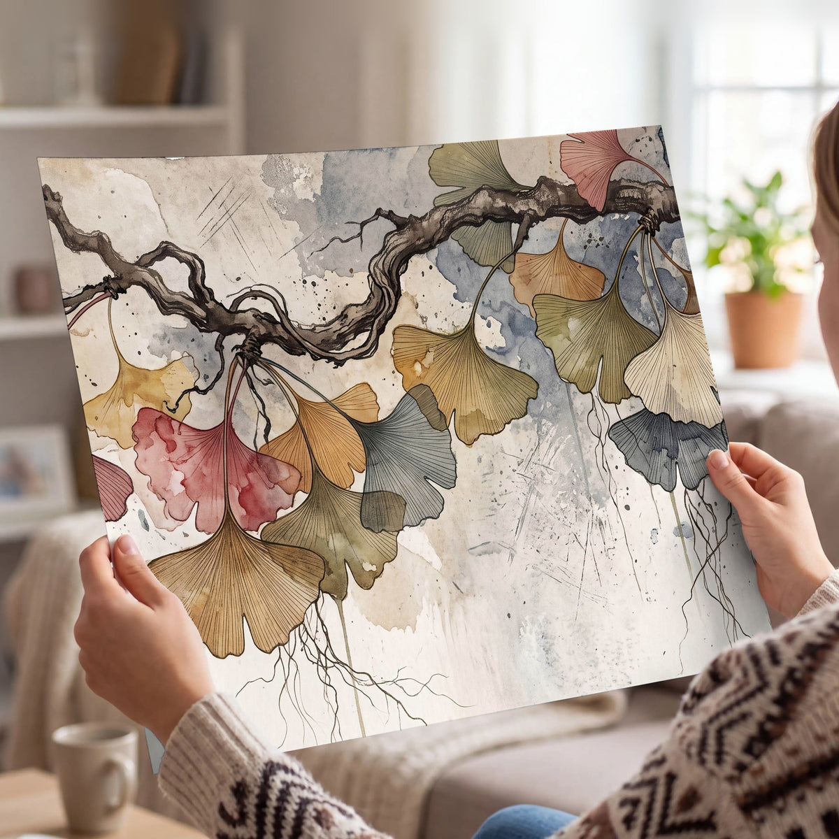 Ginkgo leaves watercolor painting poster print held in hands
