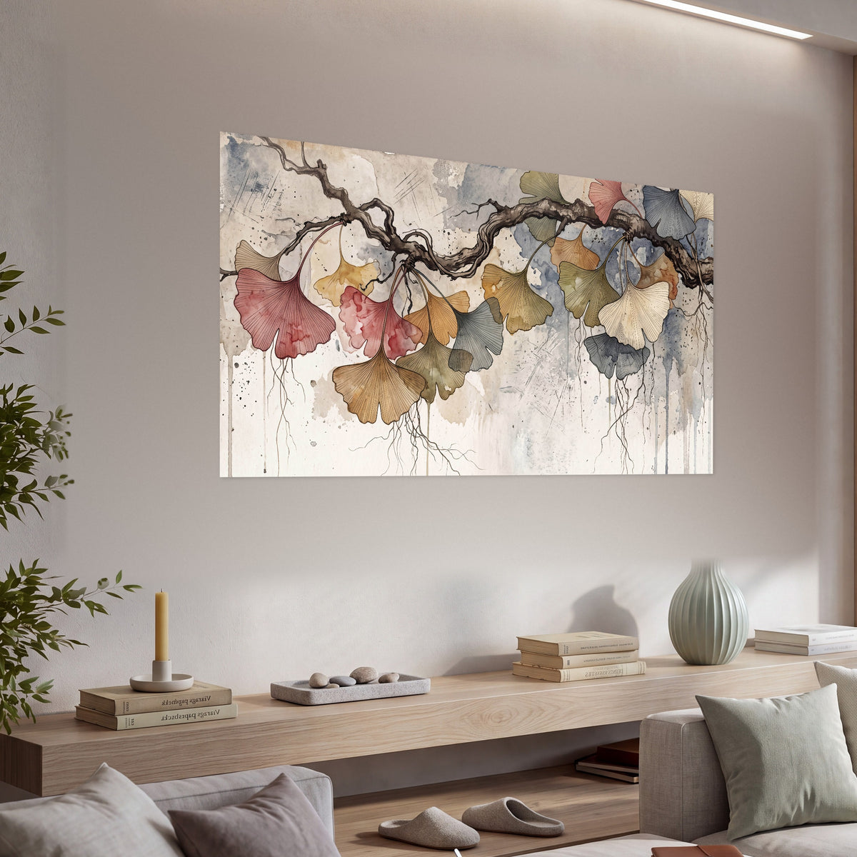 Ginkgo leaves watercolor painting poster print in a living room above a console