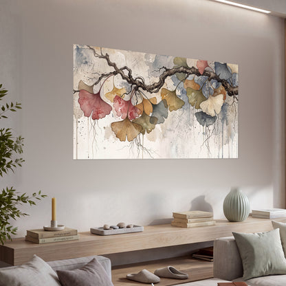 Ginkgo leaves watercolor painting poster print in a living room above a console