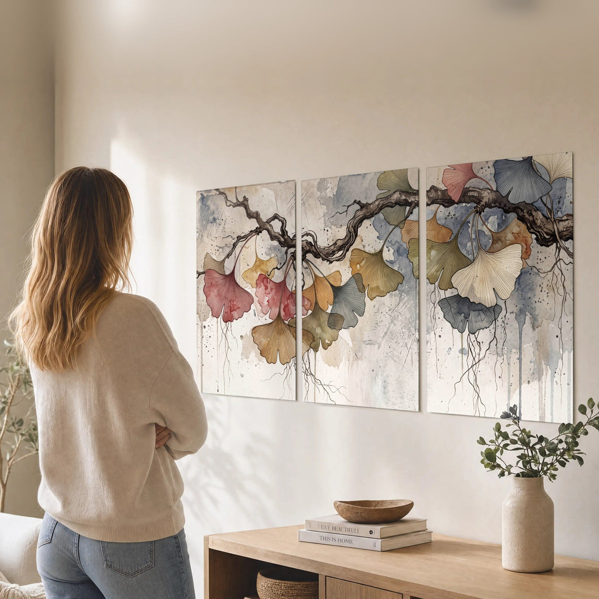 Ginkgo leaves watercolor painting set of 3 poster prints in a living room