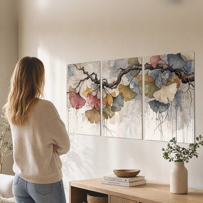 Ginkgo leaves watercolor painting set of 3 poster prints in a living room