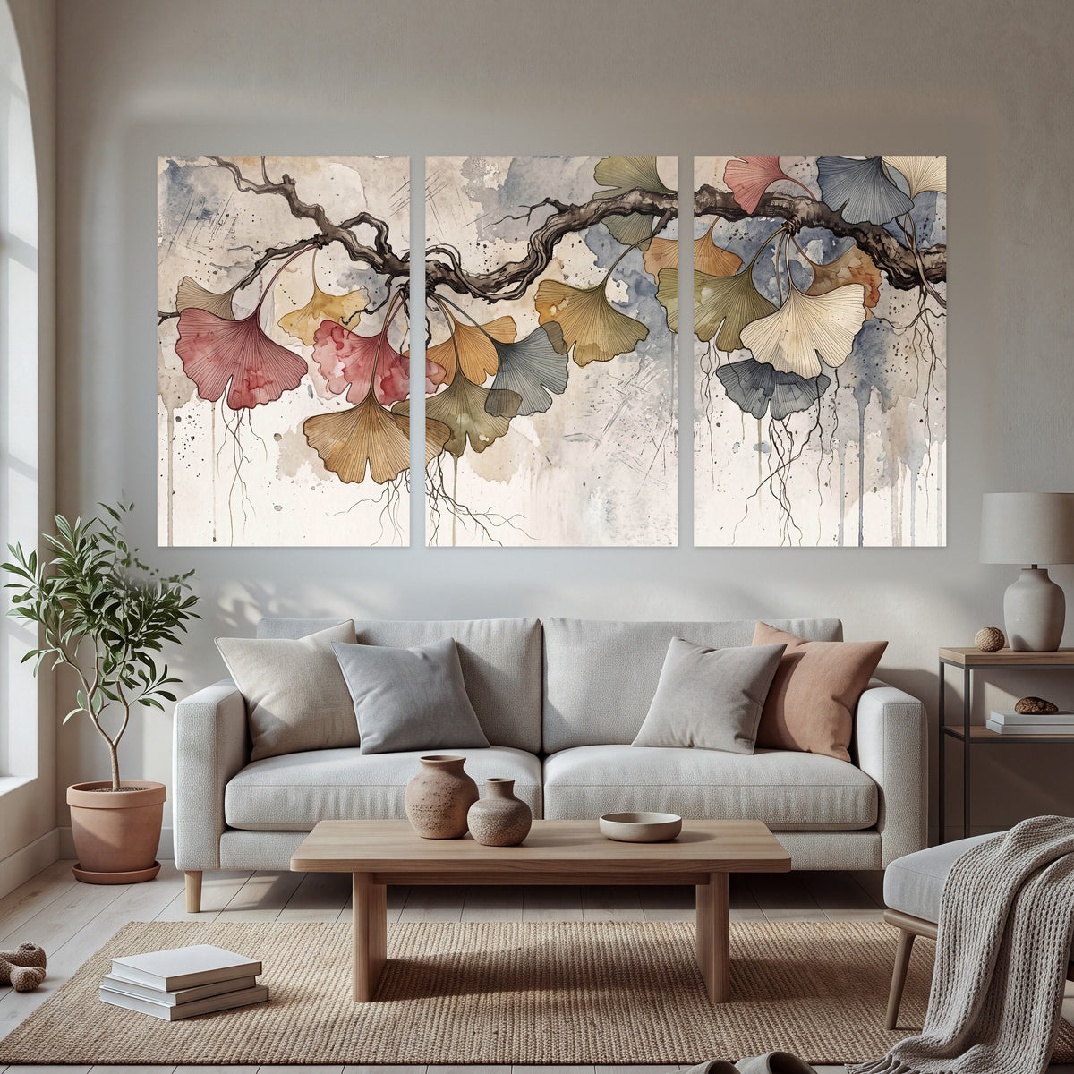 Ginkgo leaves watercolor painting set of 3 poster prints in a bright living room