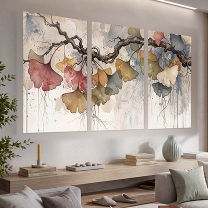 Ginkgo leaves watercolor painting set of 3 poster prints in a living room above a console