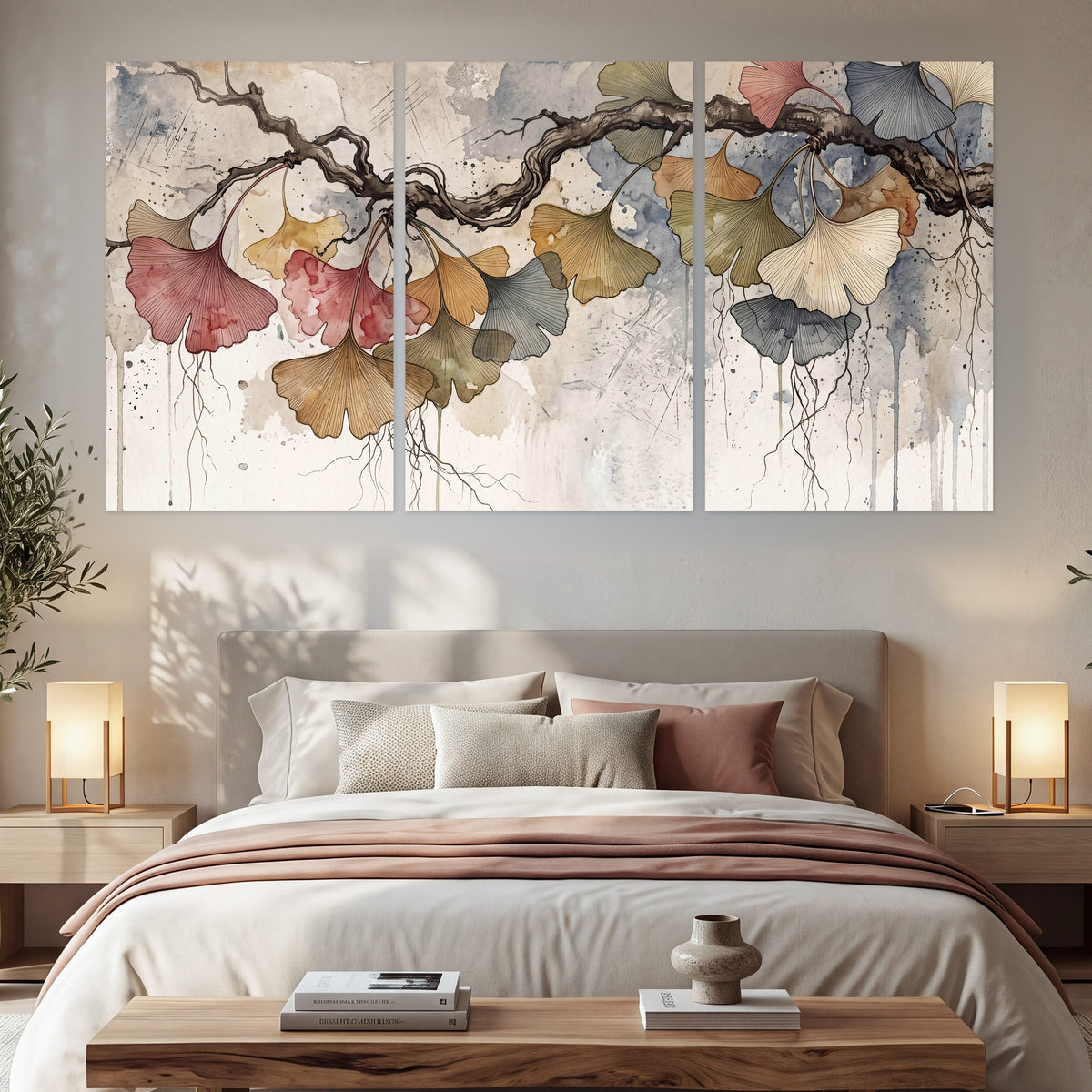 Ginkgo leaves watercolor painting set of 3 poster prints in a bedroom above the bed