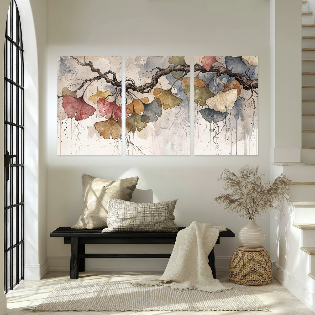 Ginkgo leaves watercolor painting set of 3 poster prints in an entryway above a bench