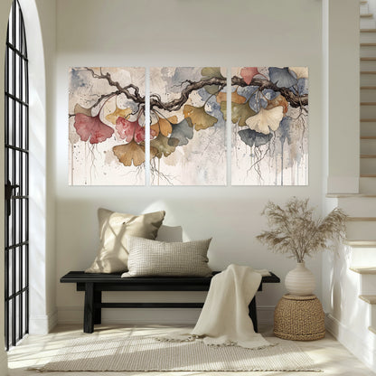 Ginkgo leaves watercolor painting set of 3 poster prints in an entryway above a bench