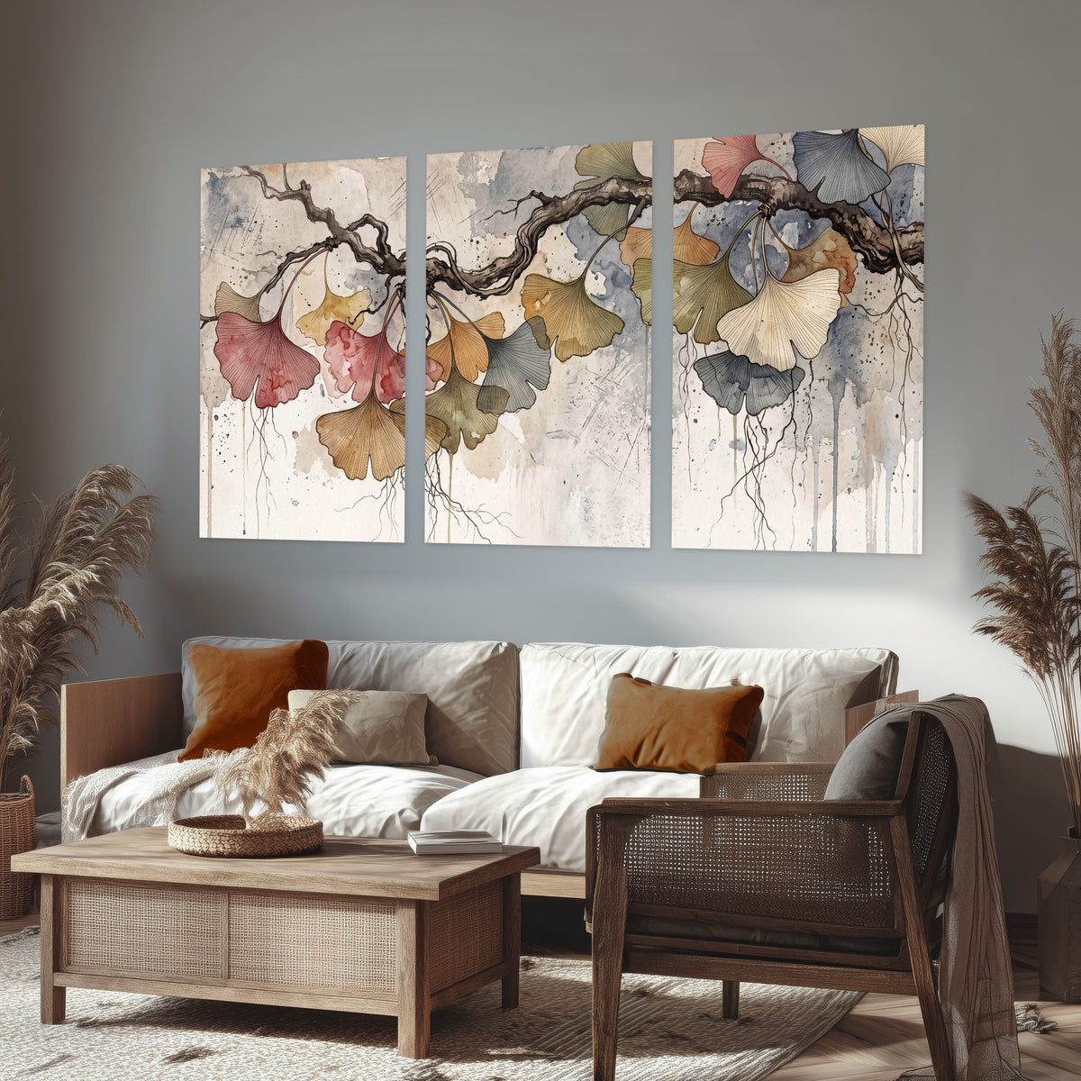 Ginkgo leaves watercolor painting set of 3 poster prints in a rustic living room