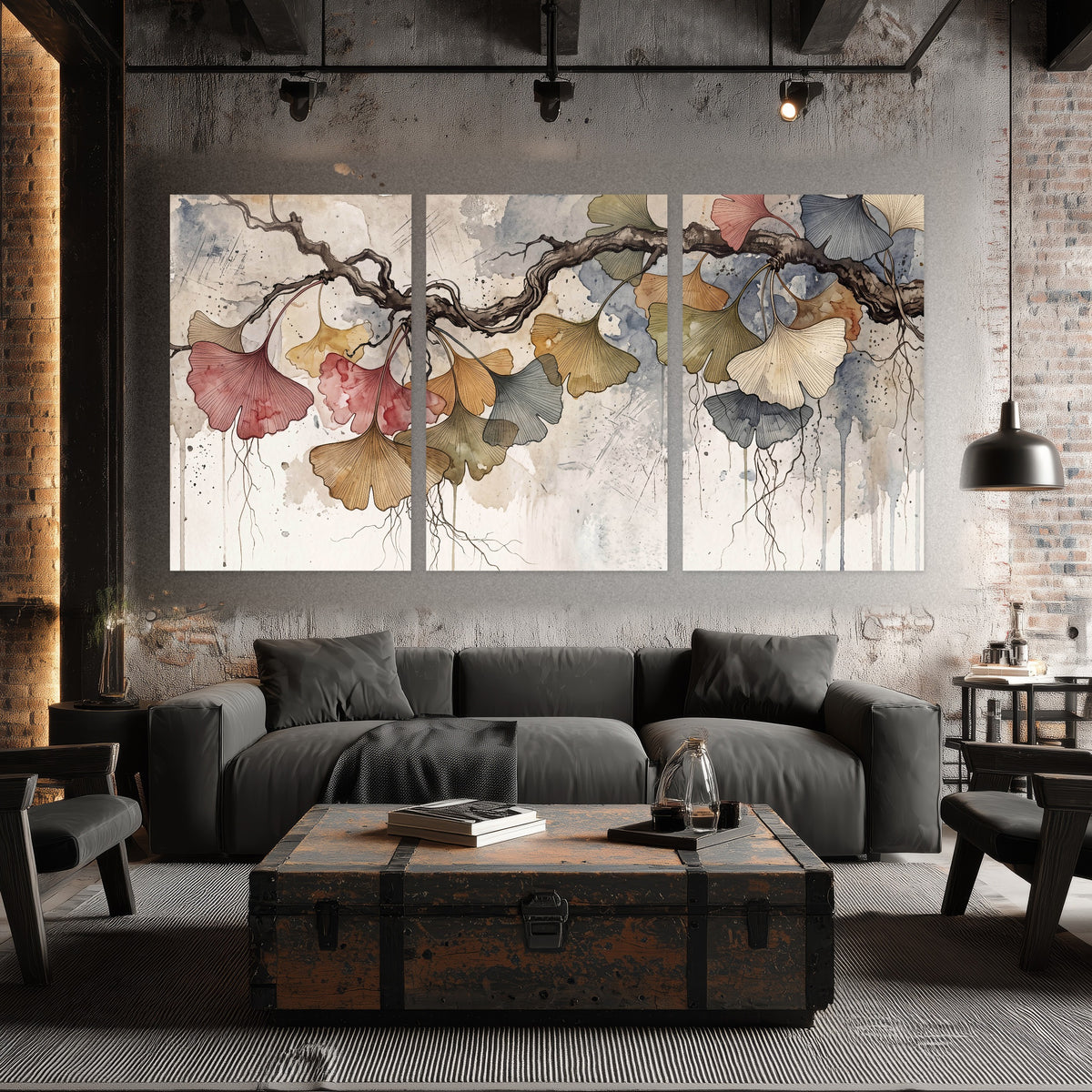 Ginkgo leaves watercolor painting set of 3 poster prints in an industrial loft