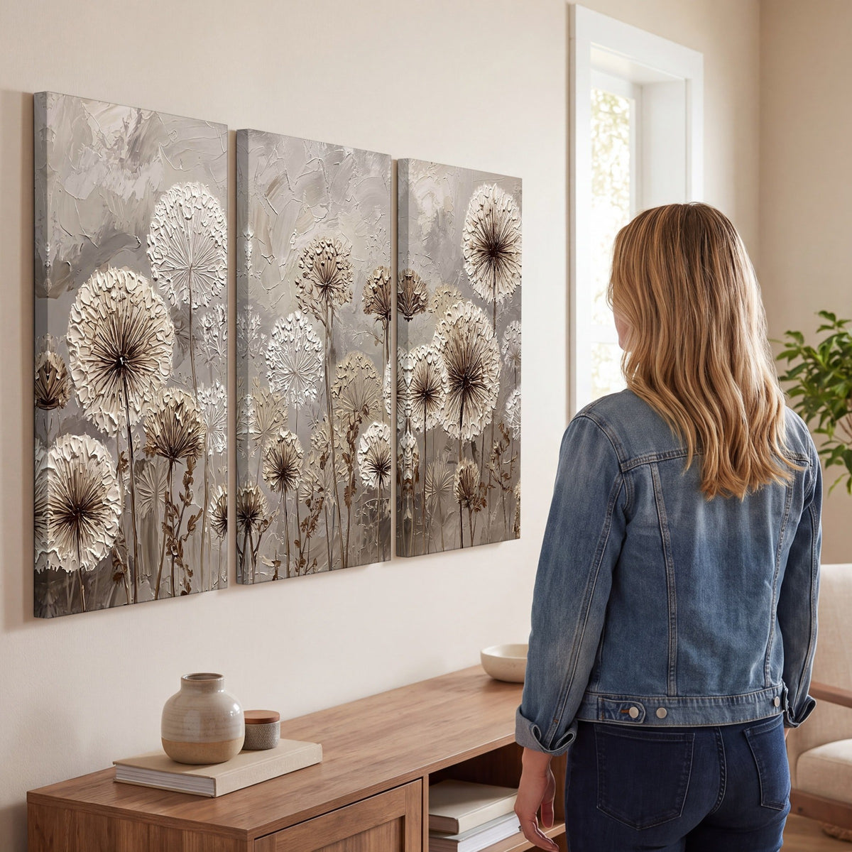 Textured dandelion painting 3 piece canvas wall art in a living room