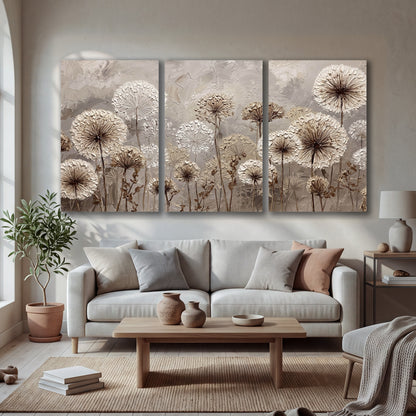 Textured dandelion painting 3 piece canvas wall art in a bright living room
