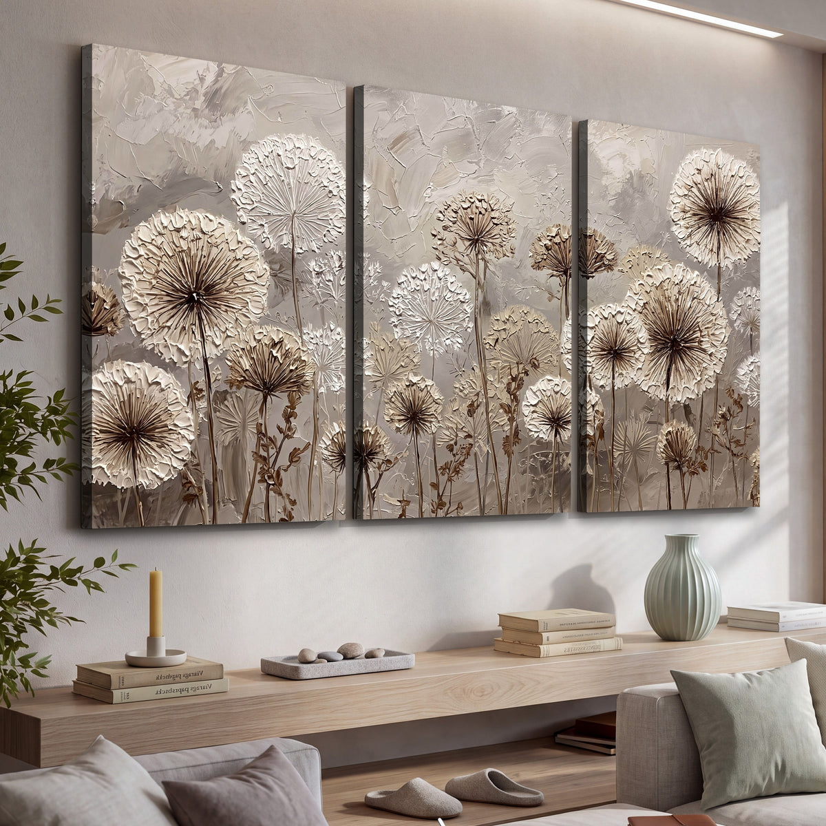 Textured dandelion painting 3 piece canvas wall art in a living room above a console