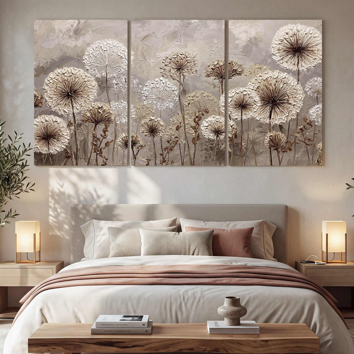 Textured dandelion painting 3 piece canvas wall art in a bedroom above the bed