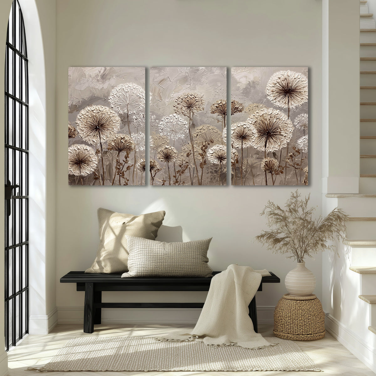 Textured dandelion painting 3 piece canvas wall art in an entryway above a bench