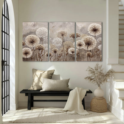 Textured dandelion painting 3 piece canvas wall art in an entryway above a bench