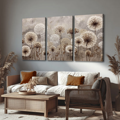 Textured dandelion painting 3 piece canvas wall art in a rustic living room