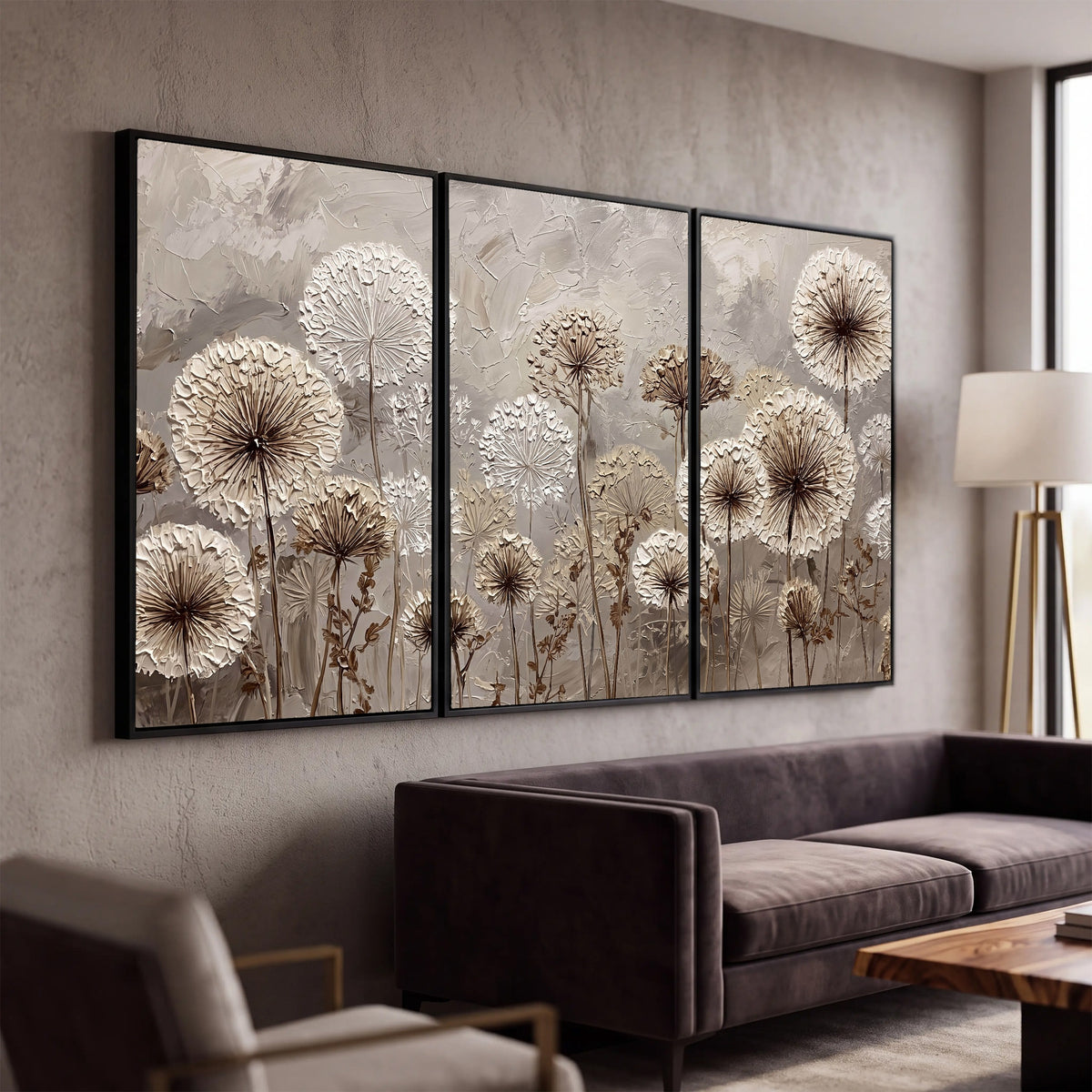 Textured dandelion painting 3 piece canvas wall art in a modern living room