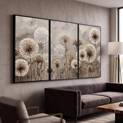 Textured dandelion painting 3 piece canvas wall art in a modern living room