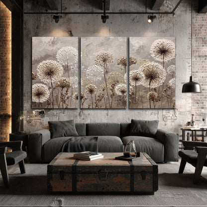 Textured dandelion painting 3 piece canvas wall art in an industrial loft