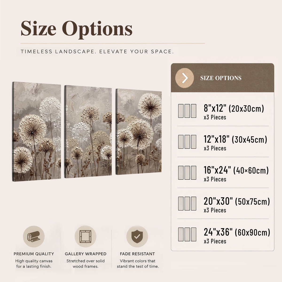 Textured dandelion painting 3 piece canvas wall art size options