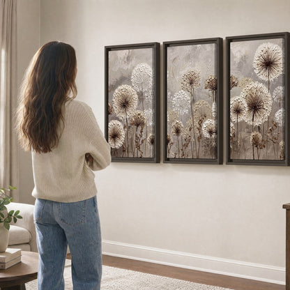 Textured dandelion painting 3 piece framed canvas in a living room