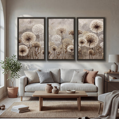 Textured dandelion painting 3 piece framed canvas in a bright living room