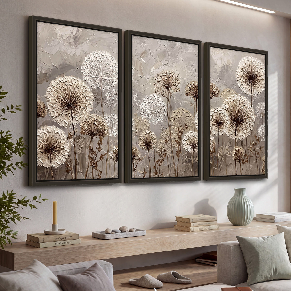 Textured dandelion painting 3 piece framed canvas in a living room above a console