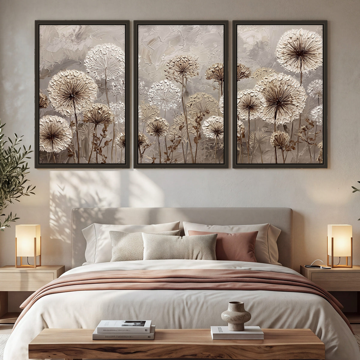 Textured dandelion painting 3 piece framed canvas in a bedroom above the bed