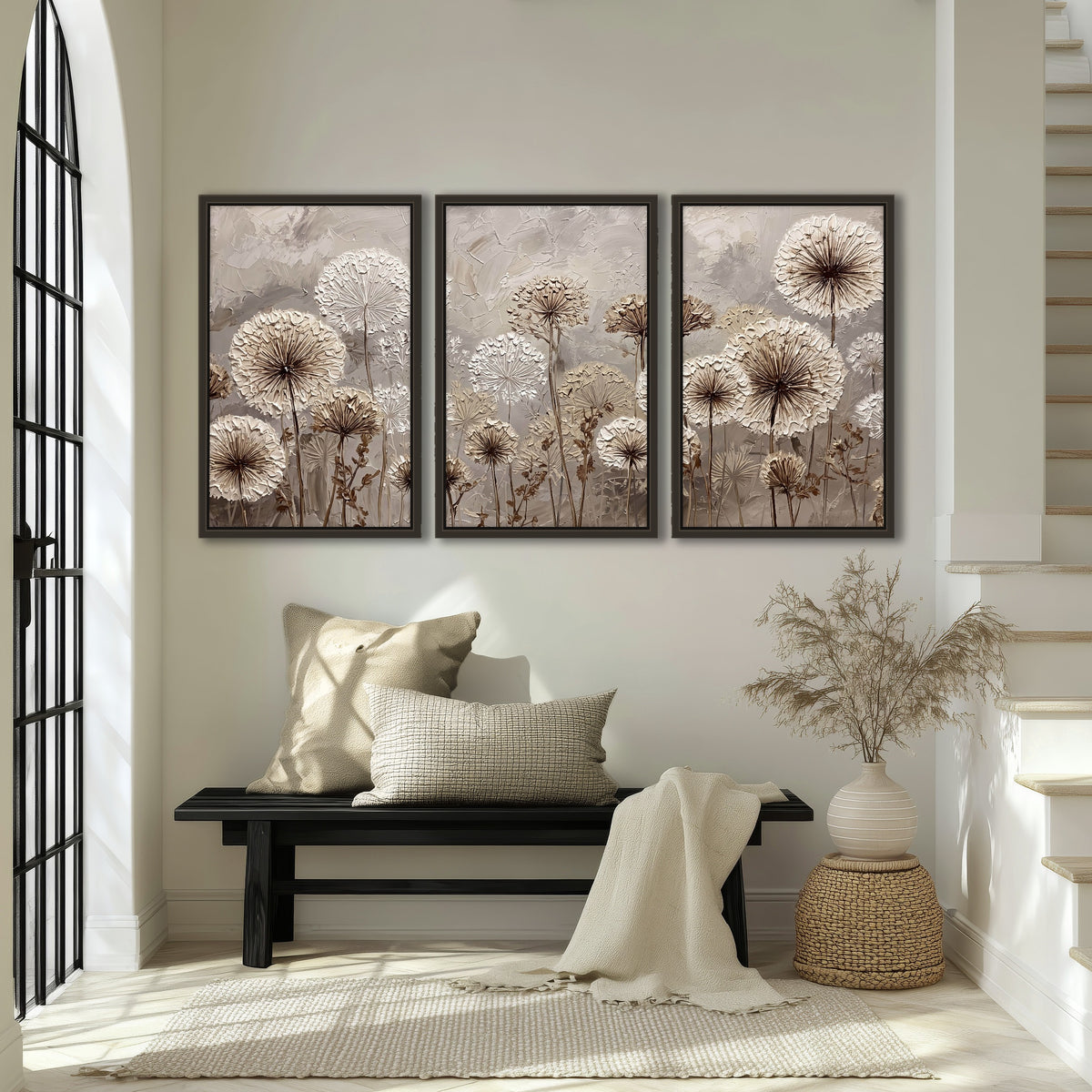 Textured dandelion painting 3 piece framed canvas in an entryway above a bench